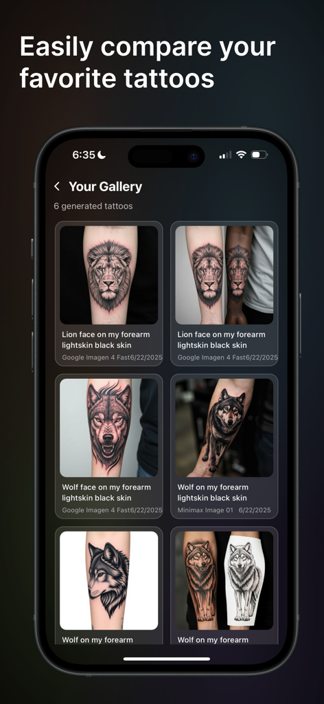 The Inko app gallery screen showing a comparison of multiple AI generated lion and wolf tattoo designs on forearms.