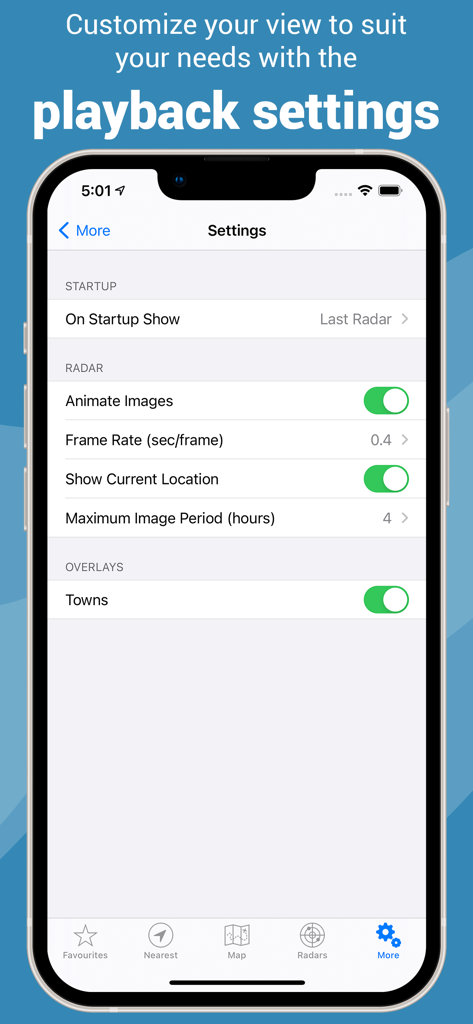 Rain Radar New Zealand - Settings menu for Rain Radar New Zealand displaying playback and radar options