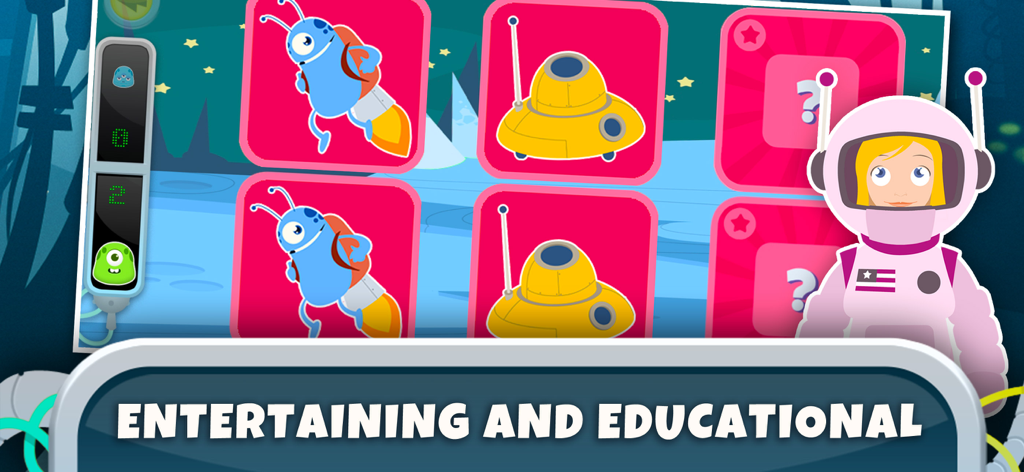 Space: Learning Kids Games 2+ - Space themed matching game for kids featuring colorful alien stickers and an astronaut