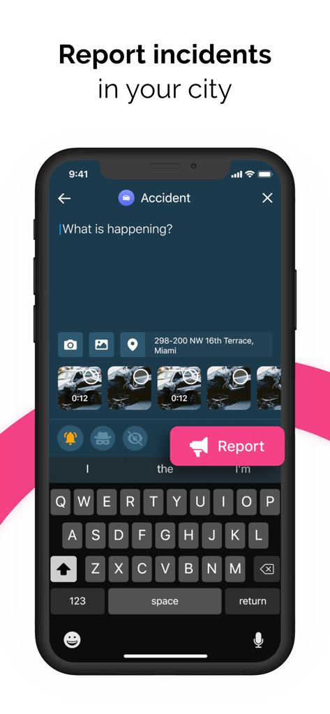 Oberfläche der SOSAFE-App, die einen Bericht über einen Autounfall mit Fotos und Standortdetails in Miami zeigt