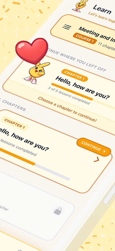 Interface of the Anna Sign Language app showing progress in the first chapter titled Hello how are you