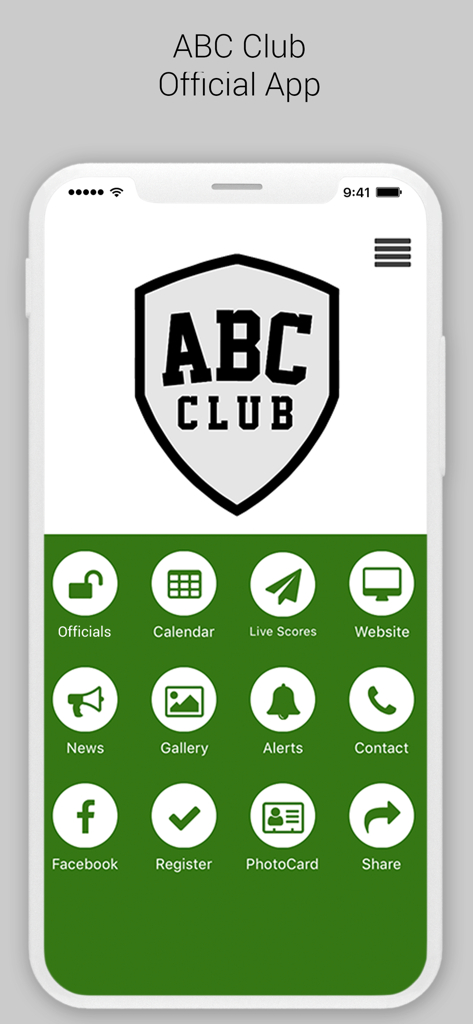 Sporty NZ - Mobile app interface for Sporty NZ displaying icons for club news, calendar, live scores, and registration