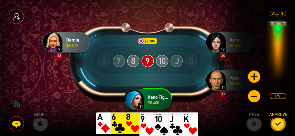 Bluff Game - Multiplayer gameplay screen of Bluff Game showing four players around a table with cards and betting chips
