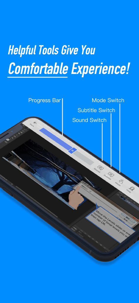 Tutorials for Photoshop CC - Interfaz de aplicación móvil que muestra herramientas interactivas de tutoriales de Photoshop CC que incluyen barra de progreso, interruptor de sonido e interruptor de modo.