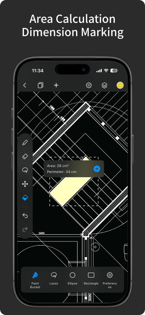 SketchFlow:  CAD Drawing - Interface do aplicativo SketchFlow mostrando cálculo de área e marcação de dimensão em um desenho técnico CAD