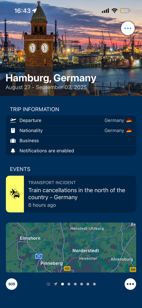 Global Monitoring app interface showing trip details for Hamburg Germany and a transport incident alert with a map.