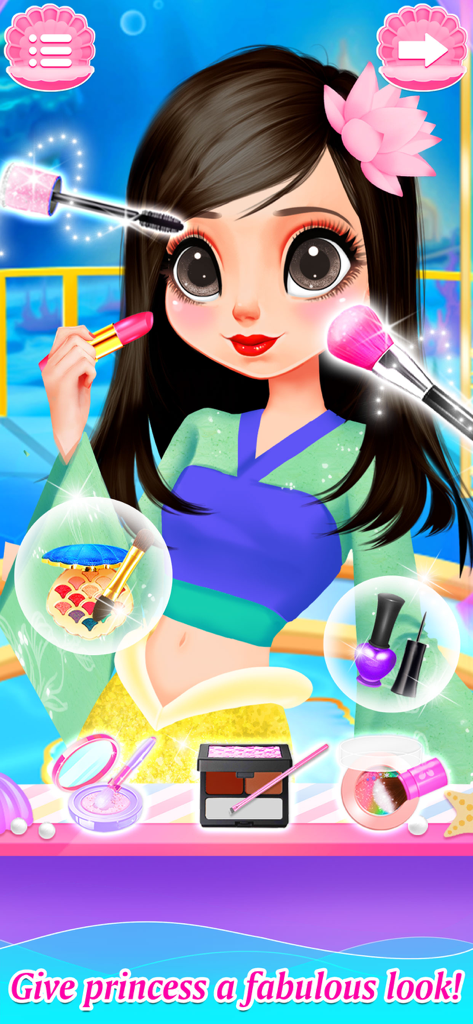 Princess Mermaid Makeup Games - A mermaid princess character receiving a makeover with colorful makeup tools and cosmetics in an underwater setting