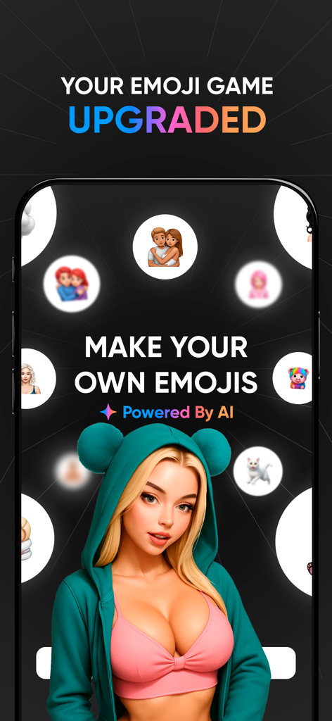 XMoji - Dirty AI Emoji Maker - XMoji app interface showing custom AI generated emojis and characters
