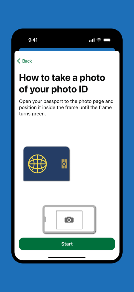GOV.UK One Login - 신원 확인을 위해 여권 사진을 찍는 방법에 대한 안내가 있는 GOV.UK One Login 앱의 안내 화면.