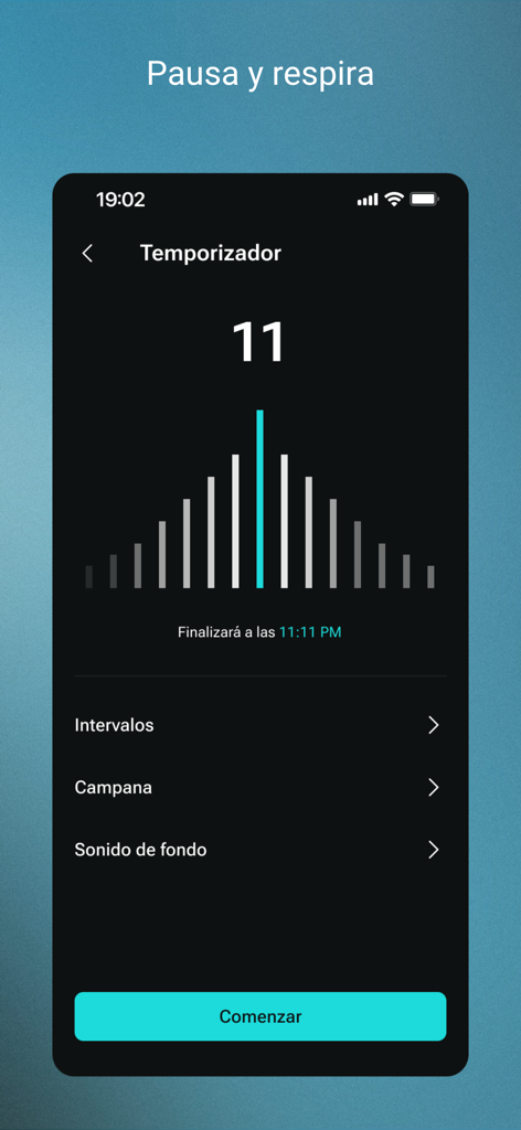 Despertar: Meditación y Dormir - Interfaz del temporizador de meditación en la aplicación Despertar con texto en español y configuraciones para intervalos y sonidos de fondo