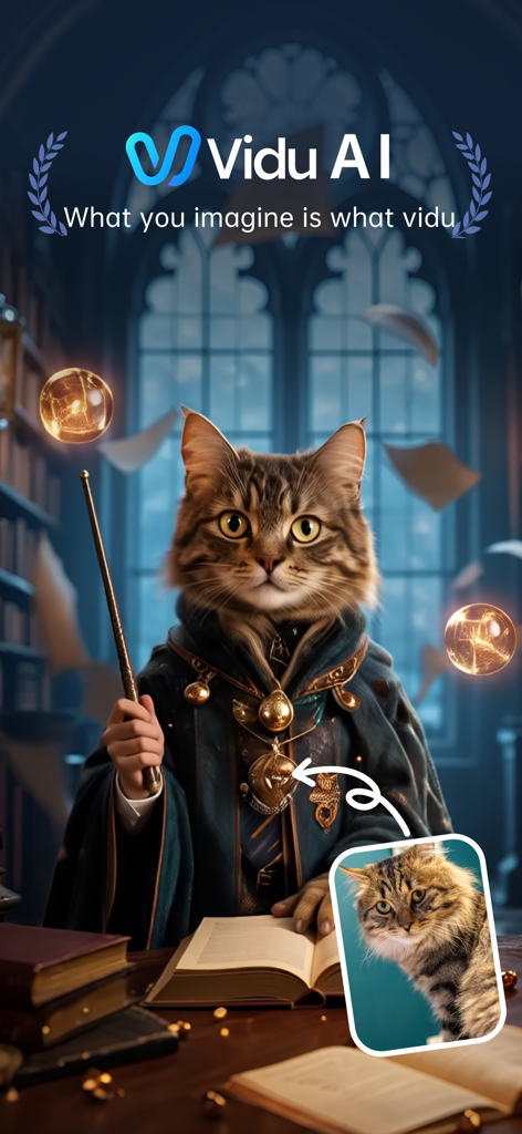 Screenshot dell'app Vidu AI che mostra un gatto mago cinematografico generato da un riferimento fotografico in un'ambientazione di biblioteca magica