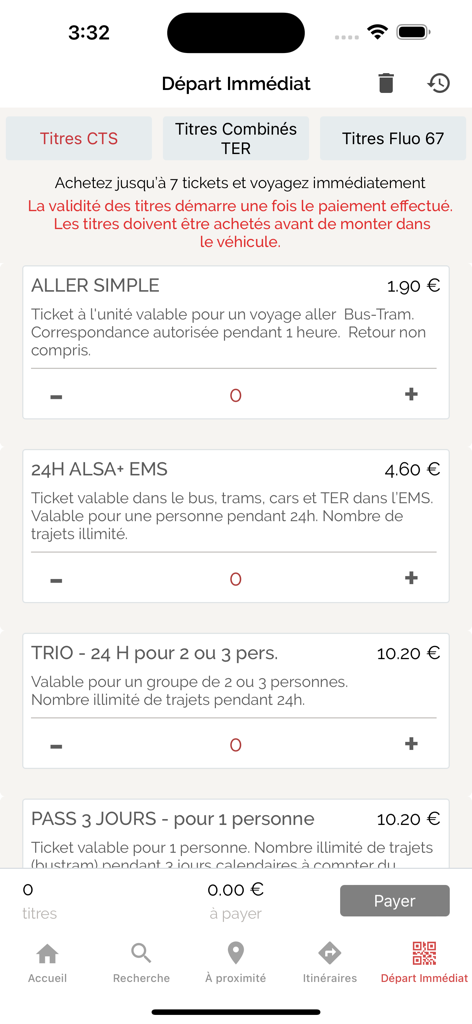 Auswahlbildschirm für mobile Tickets in der CTS Transports Strasbourg App mit verschiedenen Tarifen wie Einzelfahrten und Tageskarten.