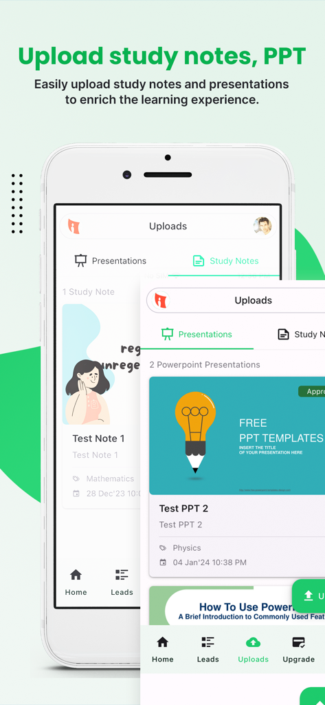 MyPrivateTutor Educator - Interface do aplicativo MyPrivateTutor Educador mostrando o recurso para fazer upload de notas de estudo e apresentações em PowerPoint.