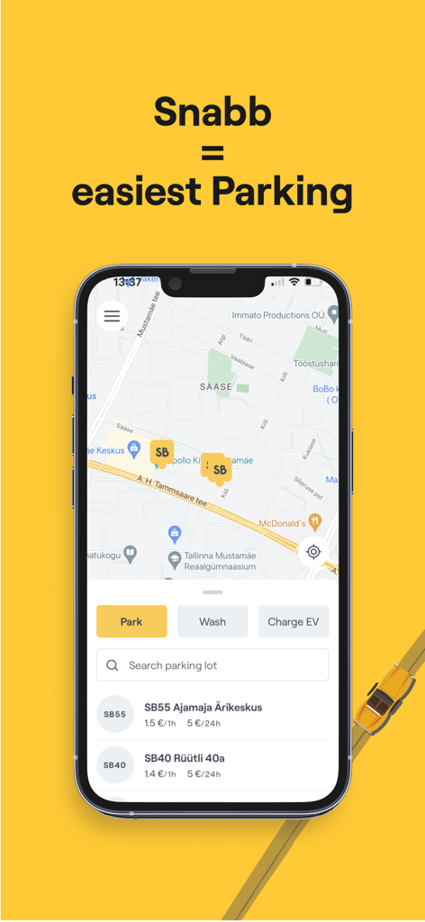 Snabb - park, wash, charge - Interface of the Snabb app on a smartphone showing a map with parking pins and options for parking, washing, and charging.