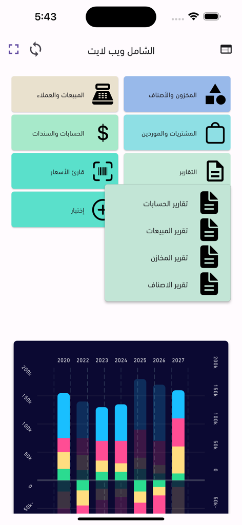 Alshamel - الشامل - Alshamel mobile app dashboard displaying Arabic business management modules and a multi-year financial performance bar chart