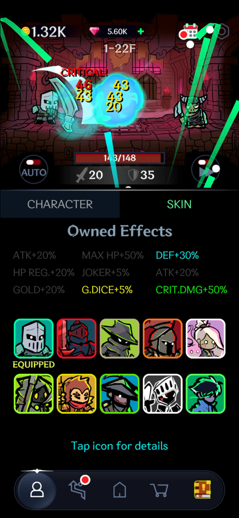 Dark Tap Dice - Menú de selección de skins de personajes en Dark Tap Dice mostrando efectos poseídos y varios iconos de avatar.