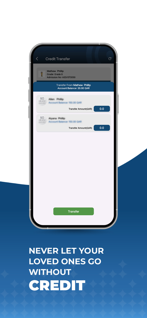 Genio - Genio app screen showing credit transfer feature for family accounts