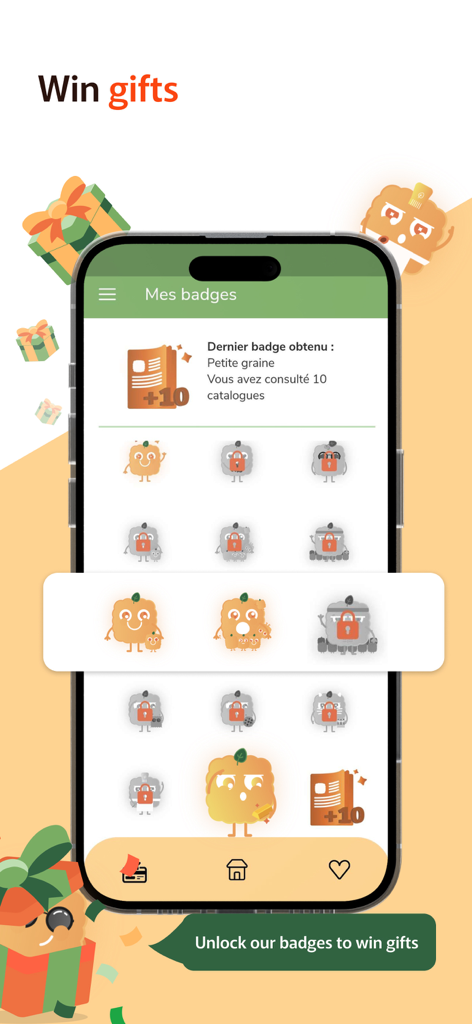 Biscuit - Pantalla de la aplicación móvil Biscuit mostrando insignias de recompensa y regalos por ver catálogos digitales