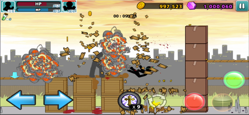 Anger of Stick 5 : zombie - Stickman-Charakter kämpft in einem Stadt-Level mit Explosionen und Holzkisten im Anger of Stick 5 Gameplay.
