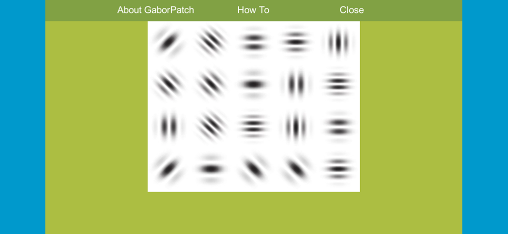 ３×３Ｄ Eye Training - 시력 회복 및 뇌 훈련 운동에 사용되는 다양한 가보 패치가 표시된 그리드 디스플레이.