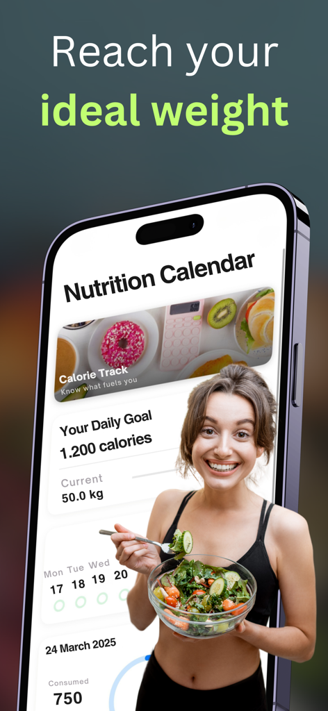 Food Calorie Tracker AI: Foodr - A mobile screen showing the Foodr app nutrition calendar with daily calorie goals and weight tracking progress