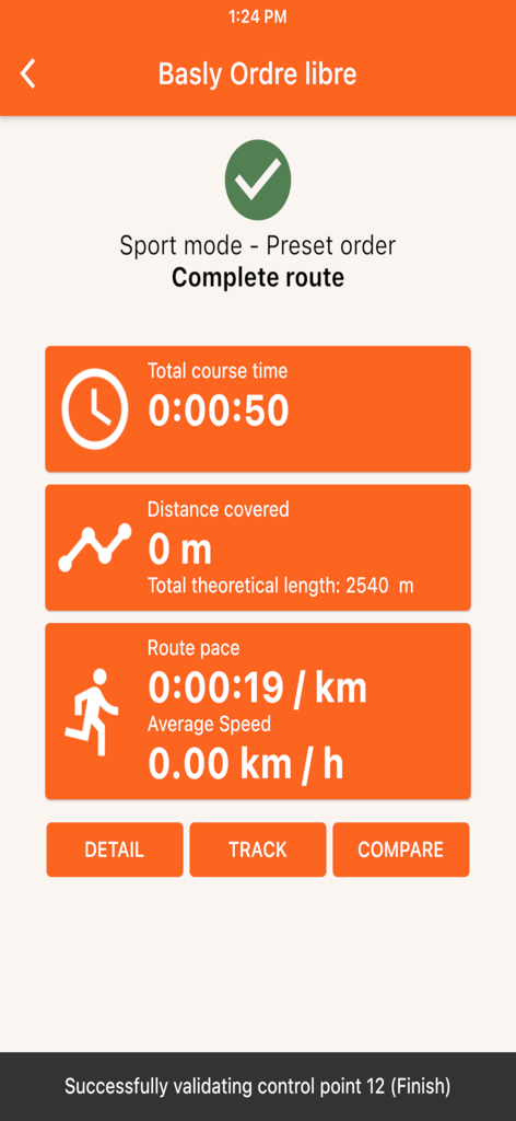 Vikazimut - Vikazimut app summary screen showing course time, distance, and pace statistics for a completed orienteering route in sport mode