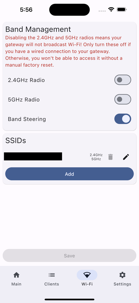 WiFi 대역 관리 설정 및 SSID 관리를 보여주는 HINT Control 앱 인터페이스