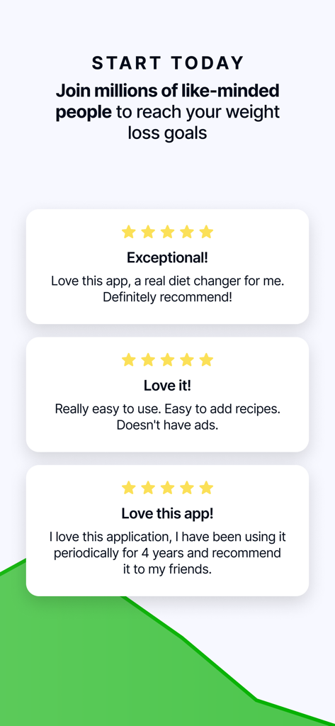 Screenshot of Calorie Counter by fatsecret showing positive five star user reviews and a call to action to join millions of people to reach weight loss goals