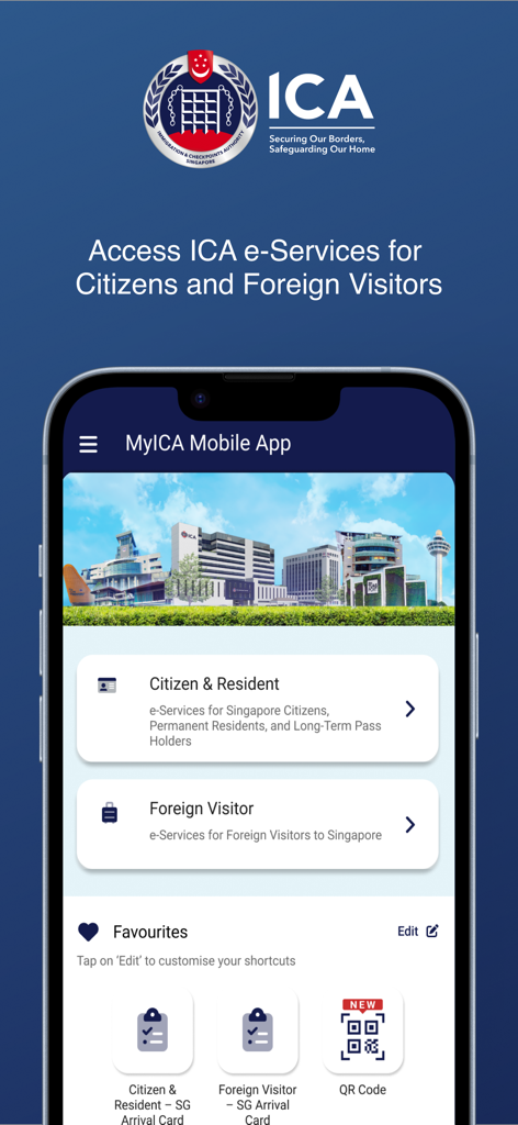 MyICA Mobile app home screen displaying e-services for Singapore citizens and foreign visitors.