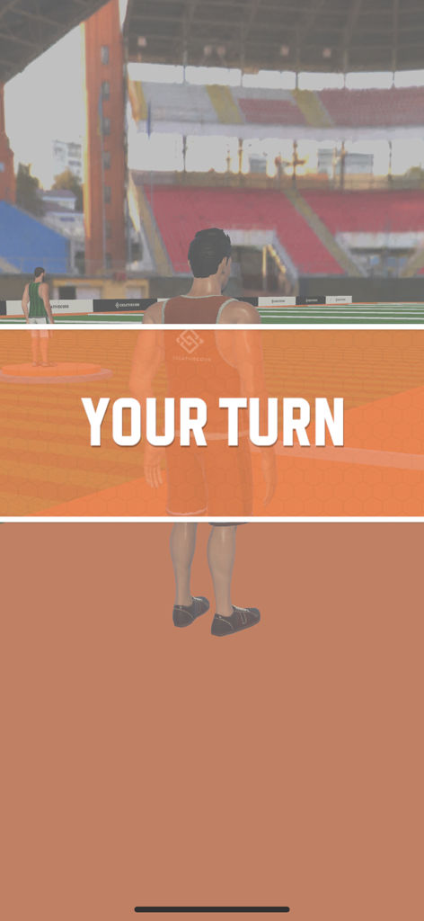 Javelin Clash: Spear Master - A screen from Javelin Clash Spear Master showing a player character in a stadium with a Your Turn message overlay.