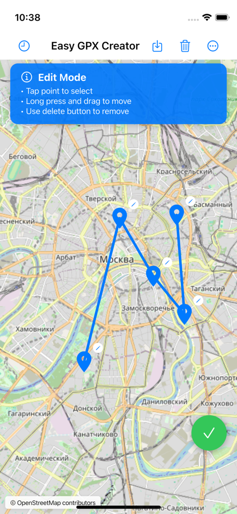 Easy GPX Creator - Easy GPX Creator app interface showing route editing mode with blue waypoints on a map and a list of instructions