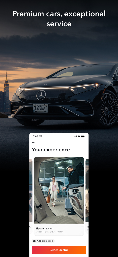 Blacklane App-Bildschirm mit einem Luxus-Elektroauto und Chauffeurdienst vor der Skyline von New York City