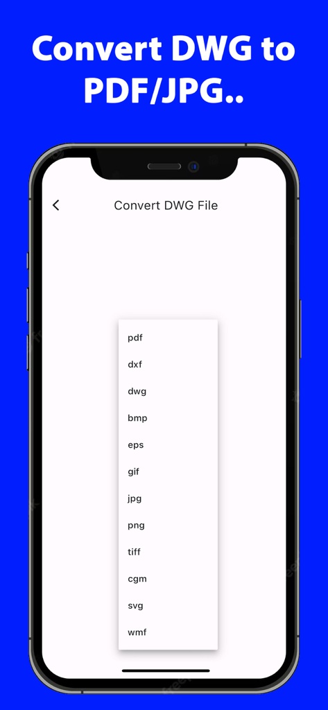 PDF、DXF、JPGを含むDWG変換用のファイル形式のリストを示すモバイルアプリ画面