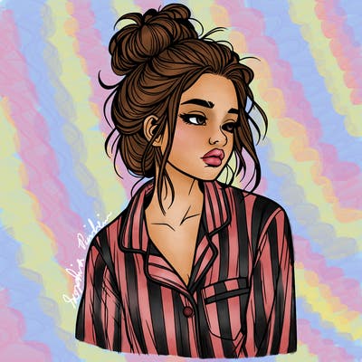 realistic woman with pajamas on and a messy bun