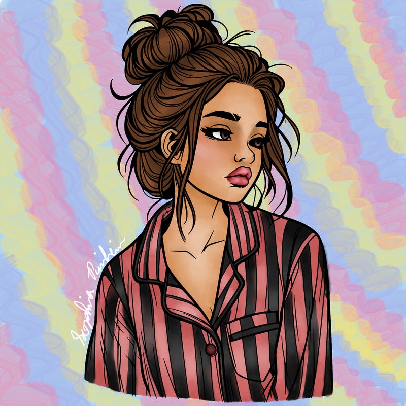 realistic woman with pajamas on and a messy bun