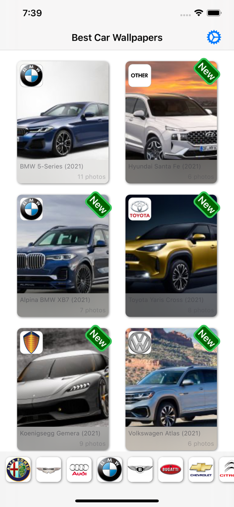 Best Car Wallpapers - All Cars - Mobile App-Oberfläche, die eine Sammlung hochauflösender Auto-Hintergrundbilder zeigt, organisiert nach Marke und Modell.