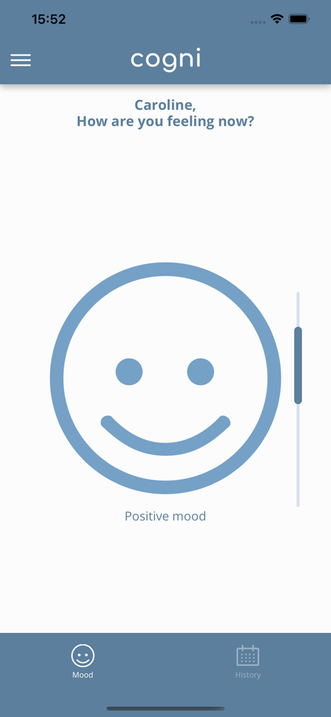 Cogni - Cogni app mood tracker screen showing a large smiley face for positive mood selection