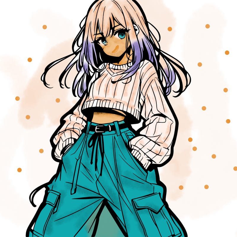 anime teen girl with baggy pants and crop top with sweater
