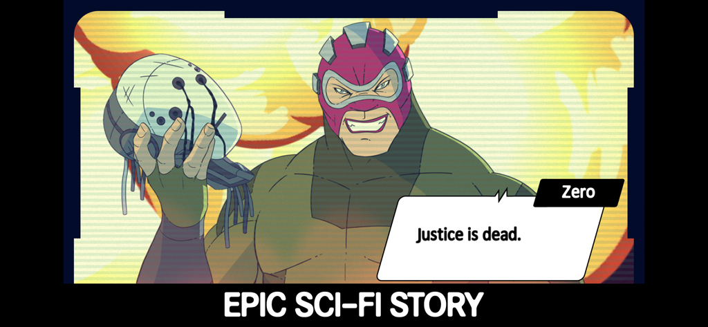 Ticket to Earth - Zero holding a mechanical mask with the dialogue Justice is dead in Ticket to Earth
