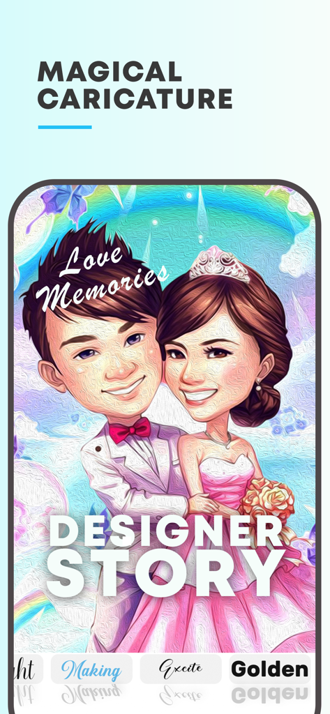 Face Caricature -Cartoon Photo - Uma caricatura romântica de uma noiva e um noivo em um estilo de desenho animado mágico.