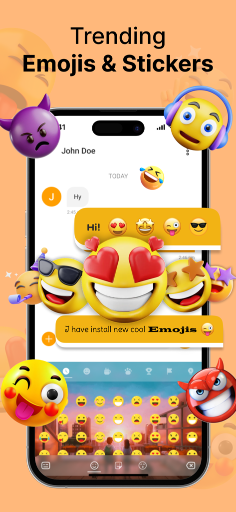 Neon Love: Face Emoji Keyboard - Trending 3D emojis and stickers on a custom keyboard interface