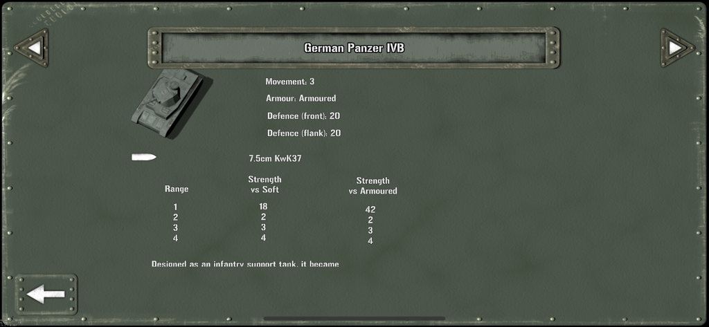 Statistiche dettagliate dell'unità per il carro armato tedesco Panzer IVB in Tank Battle East Front
