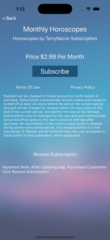 Monthly horoscopes subscription screen in the Terry Nazon app with a subscribe button and pricing information