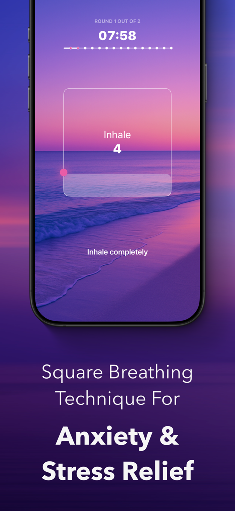 Box Breathing - Breathe Even - Smartphone zeigt die Box Breathing App während einer quadratischen Atemsitzung zur Linderung von Angst und Stress.
