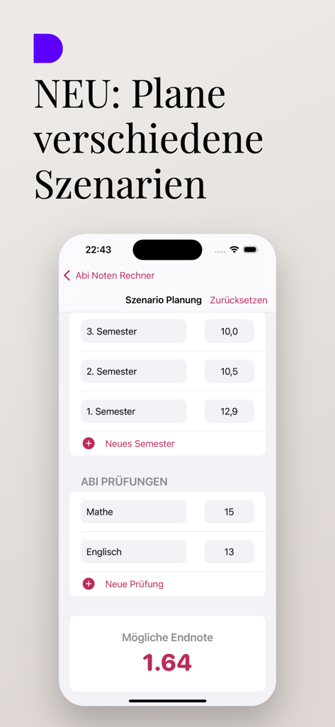 Abi Noten Rechner - Mobile App-Oberfläche, die Szenario-Planung für Schülerleistungen und eine prognostizierte Endpunktzahl zeigt