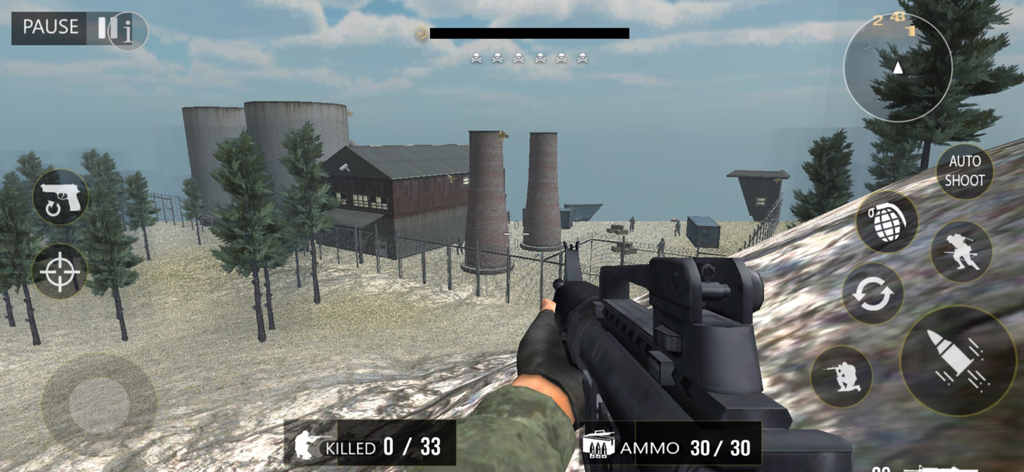Call Of Shooter Sniper - FPS - First person perspective of a commando mission in a military base setting with an assault rifle.