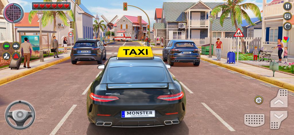 Radio Taxi Driving Game 2021 - Un coche deportivo negro con un letrero de taxi conduciendo por un vecindario suburbano soleado en un juego de simulación móvil realista