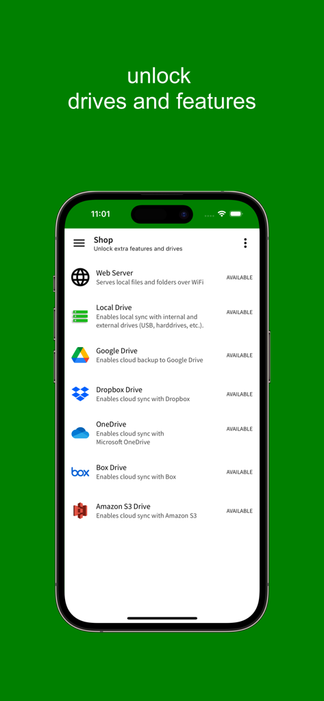 Pantalla de la tienda dentro de la aplicación que muestra unidades de almacenamiento en la nube y funciones de servidor web desbloqueables en la aplicación Sync.