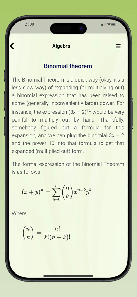 Educational screenshot showing the binomial theorem formula and explanation in the algebra section of the math app