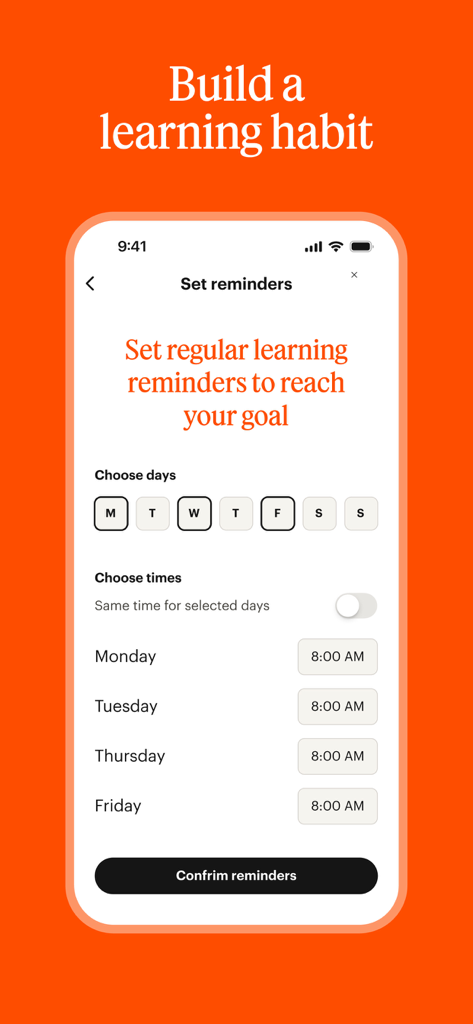 Une interface pour smartphone affichant l'écran de rappels de l'application Babbel pour instaurer une habitude d'apprentissage linguistique quotidienne.